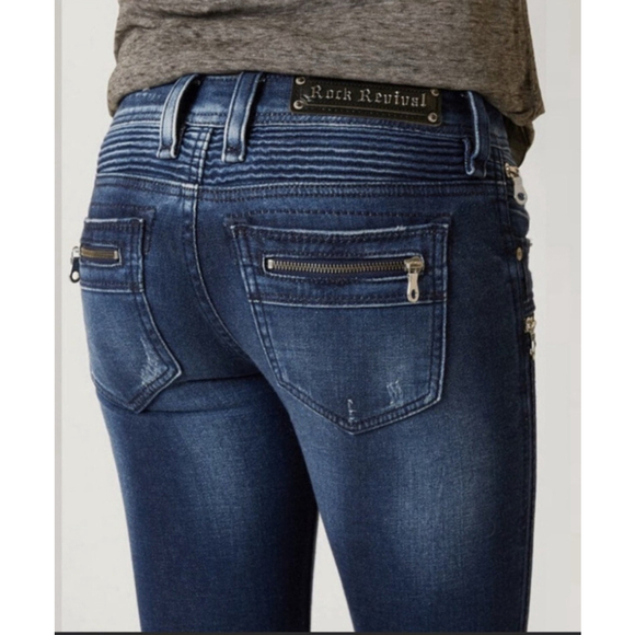 Rock Revival Moto Skinny Jeans Womens Size 28 Dark Wash Distressed Gold Zipper S - Picture 2 of 9